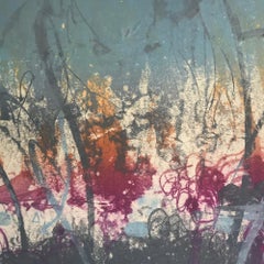 "Blue Moon 7", abstract landscape print, graphite, violet, orange, silver blue.
