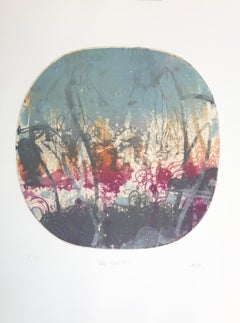 "Blue Moon 7", abstract landscape print, graphite, violet, orange, silver blue.