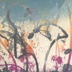 "Blue Moon 8", abstract landscape print, graphite, violet, orange, silver blue.