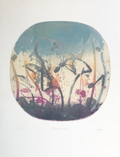 "Blue Moon 8", abstract landscape print, graphite, violet, orange, silver blue.