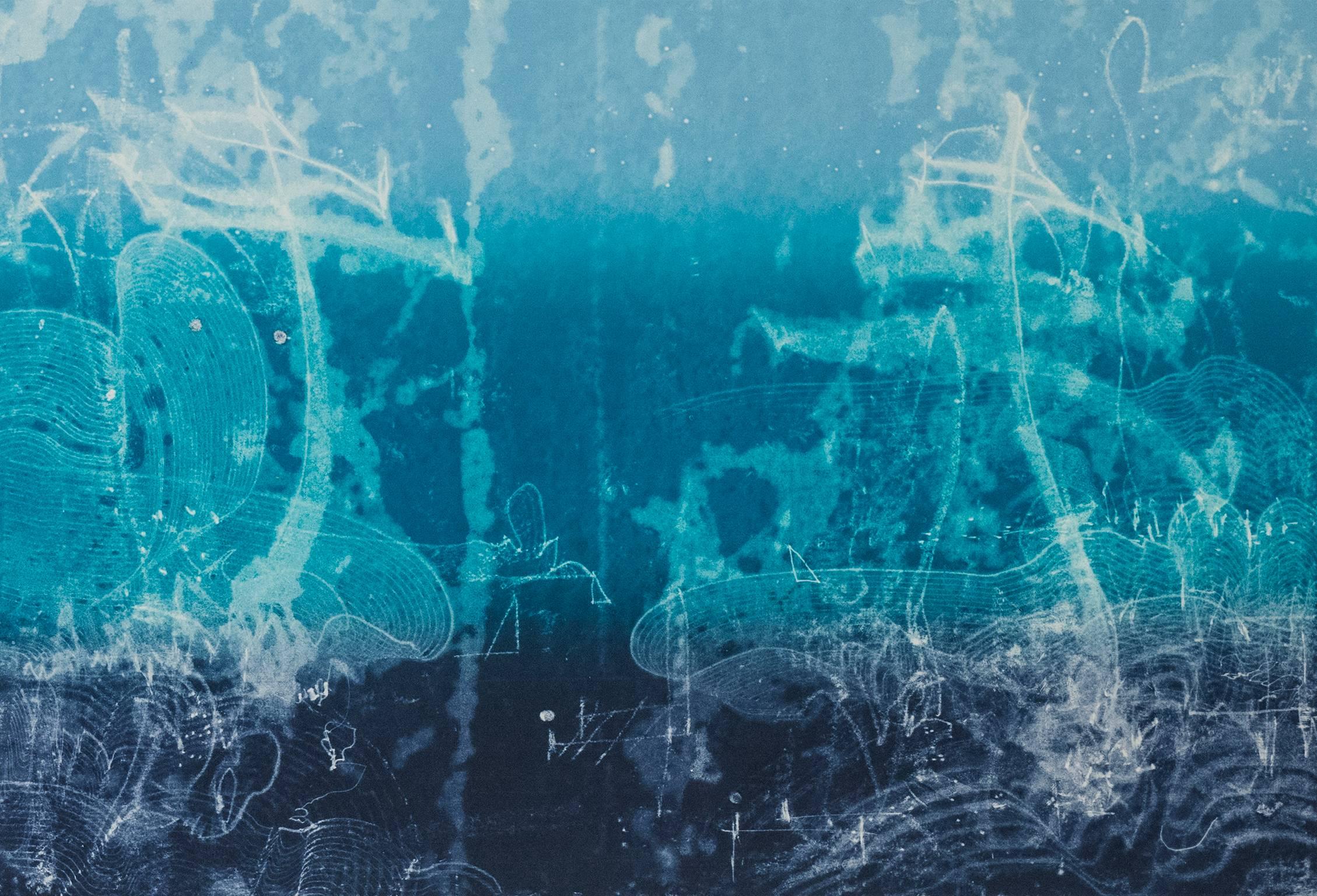 Nancy Lasar Landscape Print - "Catch The Wind Two”, abstract seascape monoprint, shades of blue, turquoise.