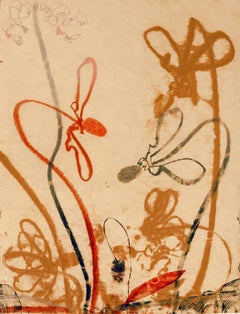 Flowerage with Blue One, abstract landscape monoprint, layers red, pink, ochre.