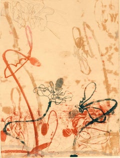 “Flowerage with Blue Three”, landscape inspired print, layers, red, pink, ochre.