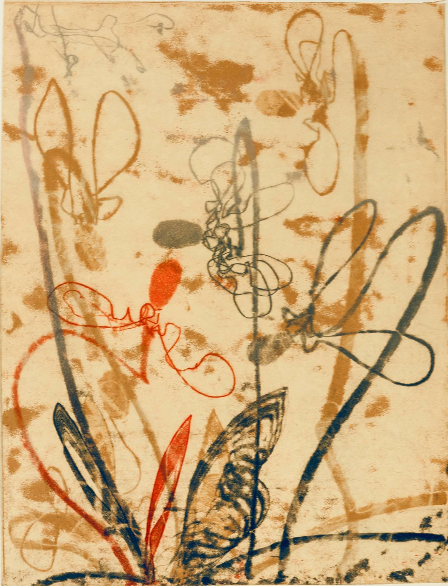 Nancy Lasar Landscape Print - Flowerage With Blue Two, landscape inspired monoprint, layers red, pink, ochre.