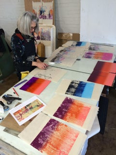 "In The Red Dawn One",  abstract landscape print, layered red, pink, orange.