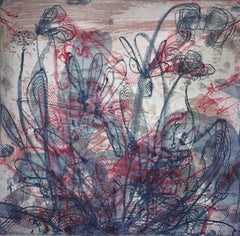 Laughing Forth"", abstract biomorphic flower landscape print, blue, red, gold.