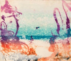 "Sea Shoals #1", abstract seascape monoprint in magenta, turquoise, and orange.