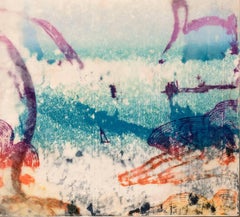 "Sea Shoals #2", abstract landscape monoprint in magenta, orange, turquoise.