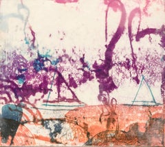 "Sea Shoals #4", abstract seascape monoprint in magenta, turquoise, and orange.