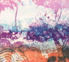 "Sea Shoals Three", abstract seascape monoprint in magenta, turquoise, orange.