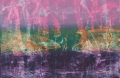 Through The Straits, abstract seascape monoprint, pink, orange, turquoise, violet.