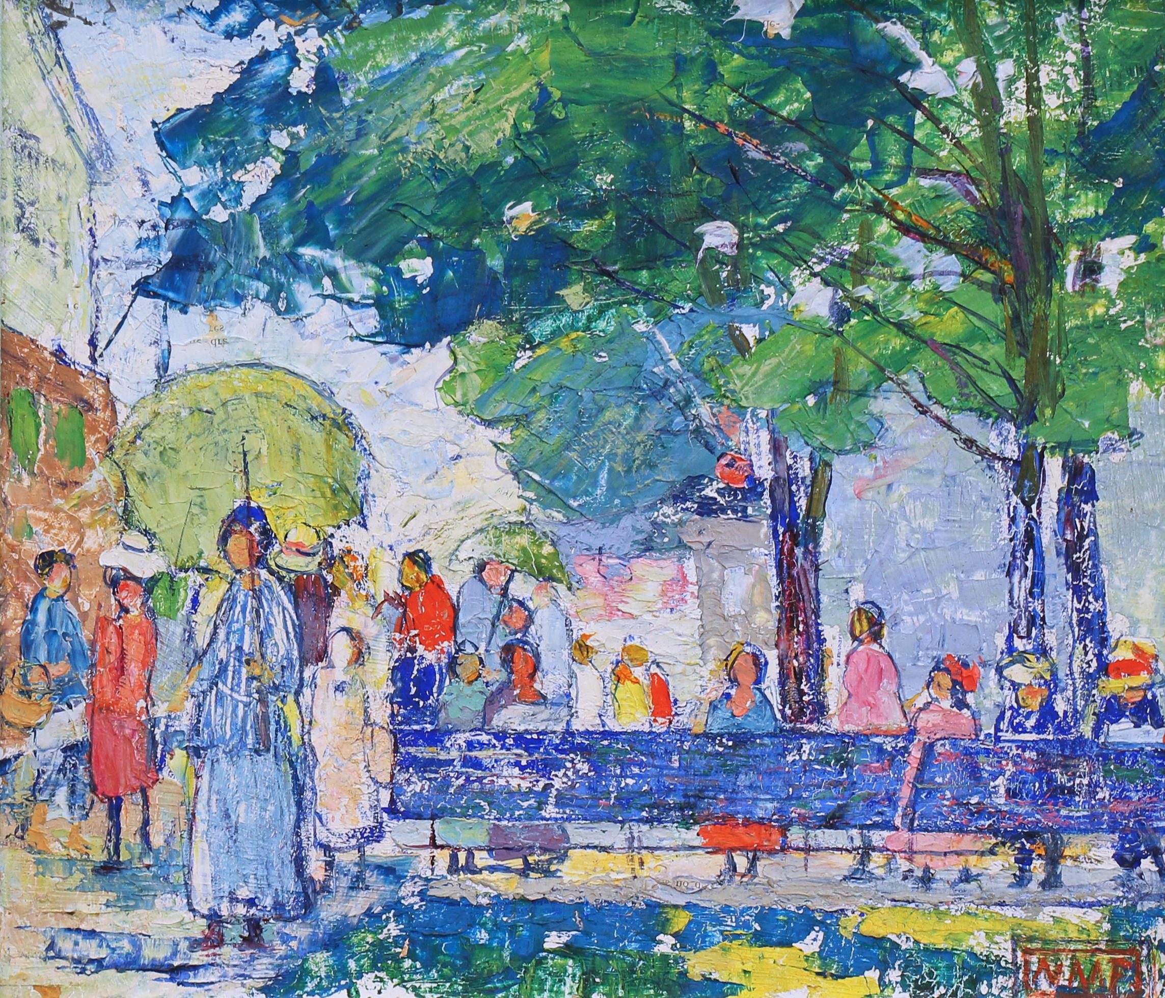 Parkbnke, amerikanische impressionistische Stadtlandschaft des Malers Philadelphia Ten – Painting von Nancy Maybin Ferguson