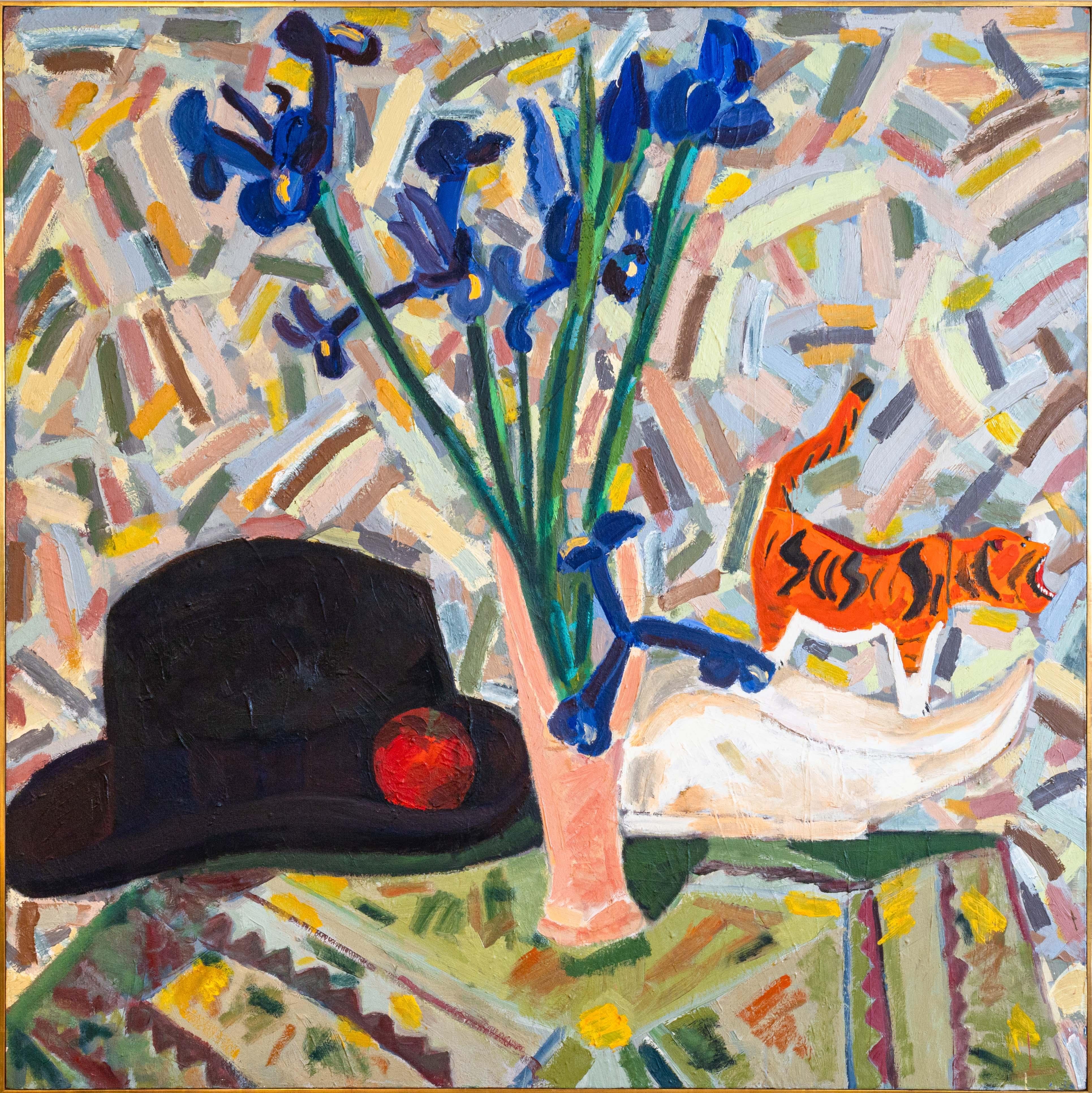 A postmodern oil painting on canvas by Detroit artist Nancy Mitchnick. Signed and dated 1980 on verso. An expressive still life depicting a bowler hat, vase of flowers, and a tiger among bright shapes and patterns. Per the artist, 'My lexicography