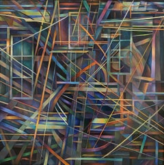„Blue 1“, Abstraktes Ölgemälde auf Tafel, gerahmt, dunkle Farben, geometrisch