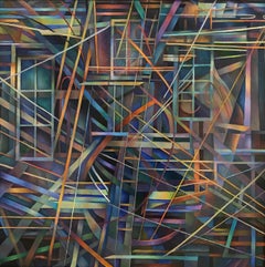 "Blue 1", Abstract Oil Painting on Panel, Framed, Dark Colors, Geometric