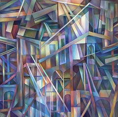 "City of Echos", Geometrisches abstraktes Ölgemälde auf Leinwand, montiert auf Holzplatte