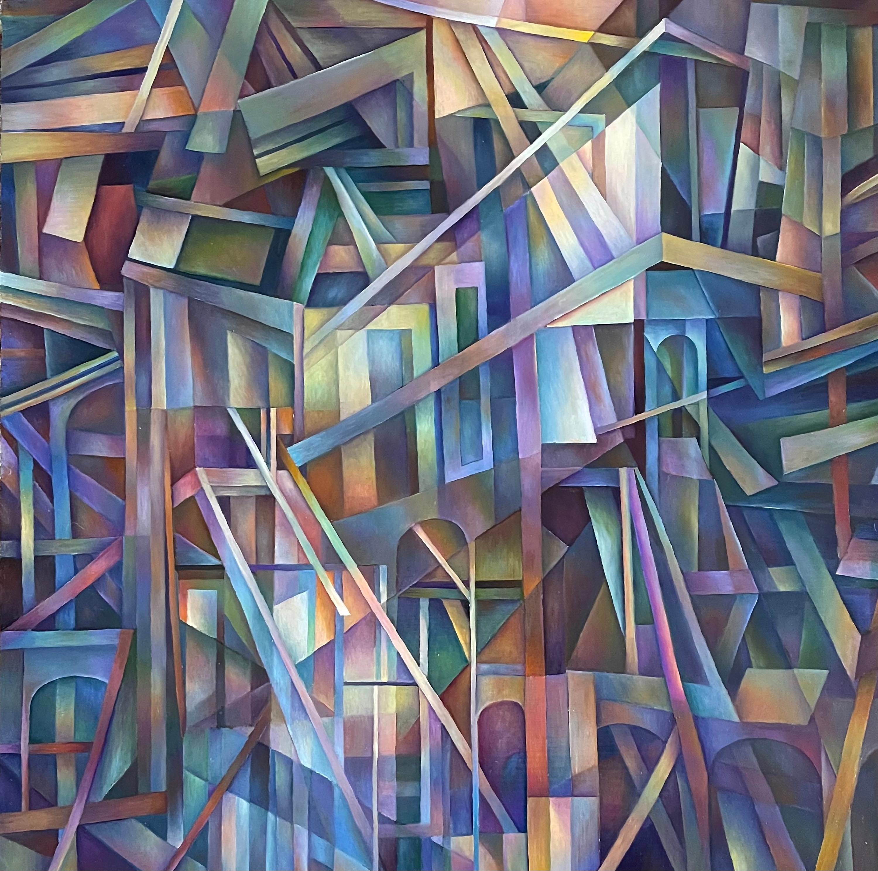 "Città degli Echi", Pittura a olio astratta geometrica su tela montata su pannello di Wood