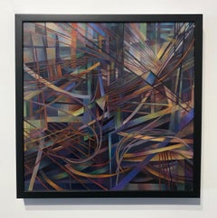 Pintura al óleo abstracta geométrica contemporánea enmarcada, lienzo montado sobre panel