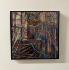 Contemporary Geometric Abstract Oil Painting, Canvas Mounted on Board, Framed