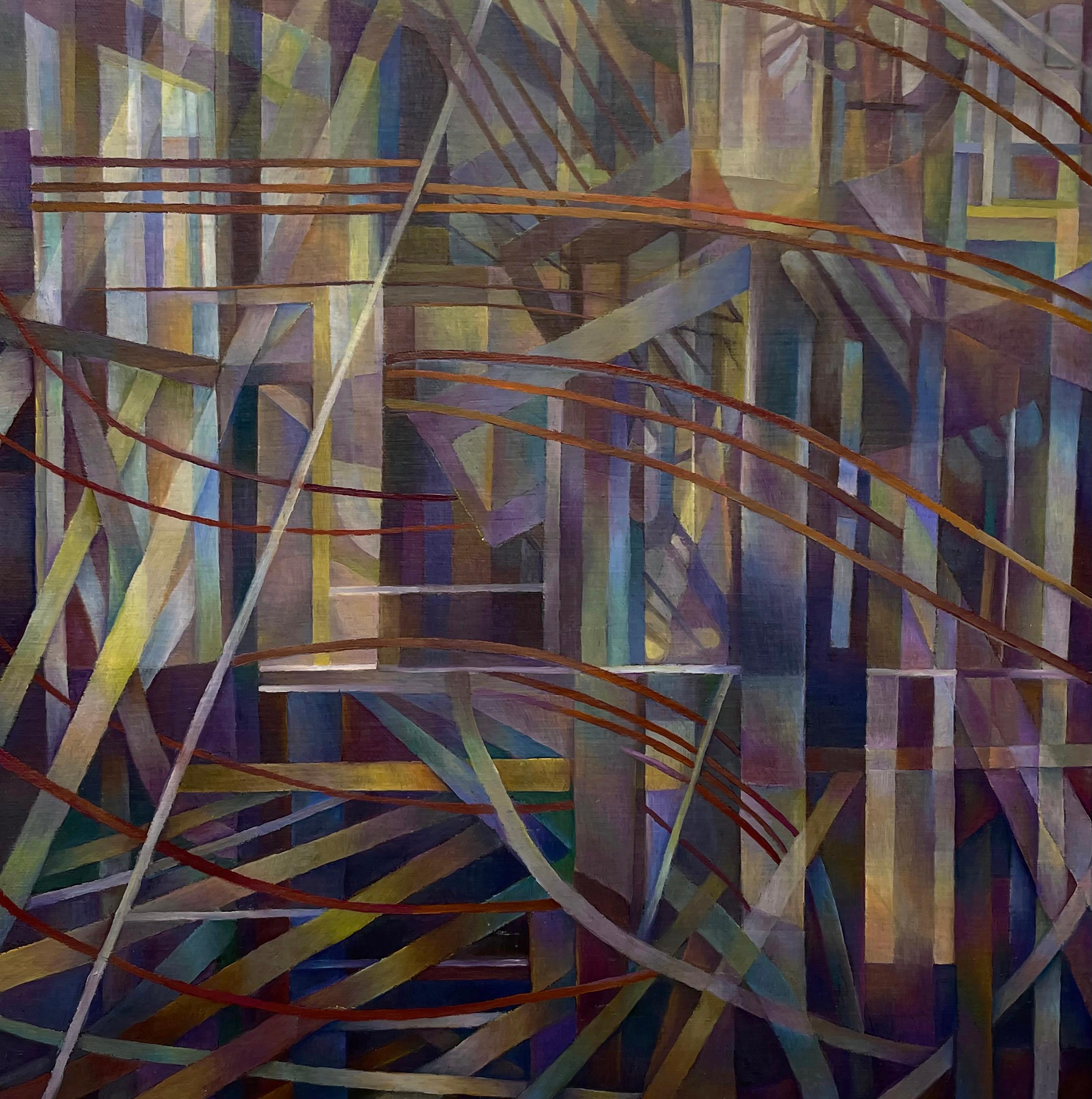 Peinture à l'huile abstraite géométrique contemporaine, toile montée sur panneau, encadrée