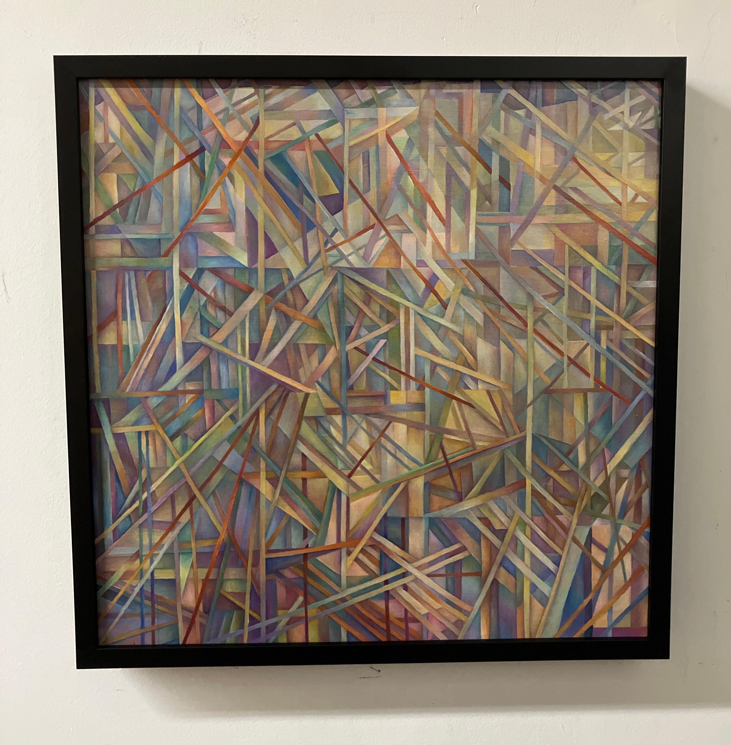 Peinture à l'huile géométrique contemporaine, encadrée, toile montée sur panneau - Painting de Nancy Newman Rice