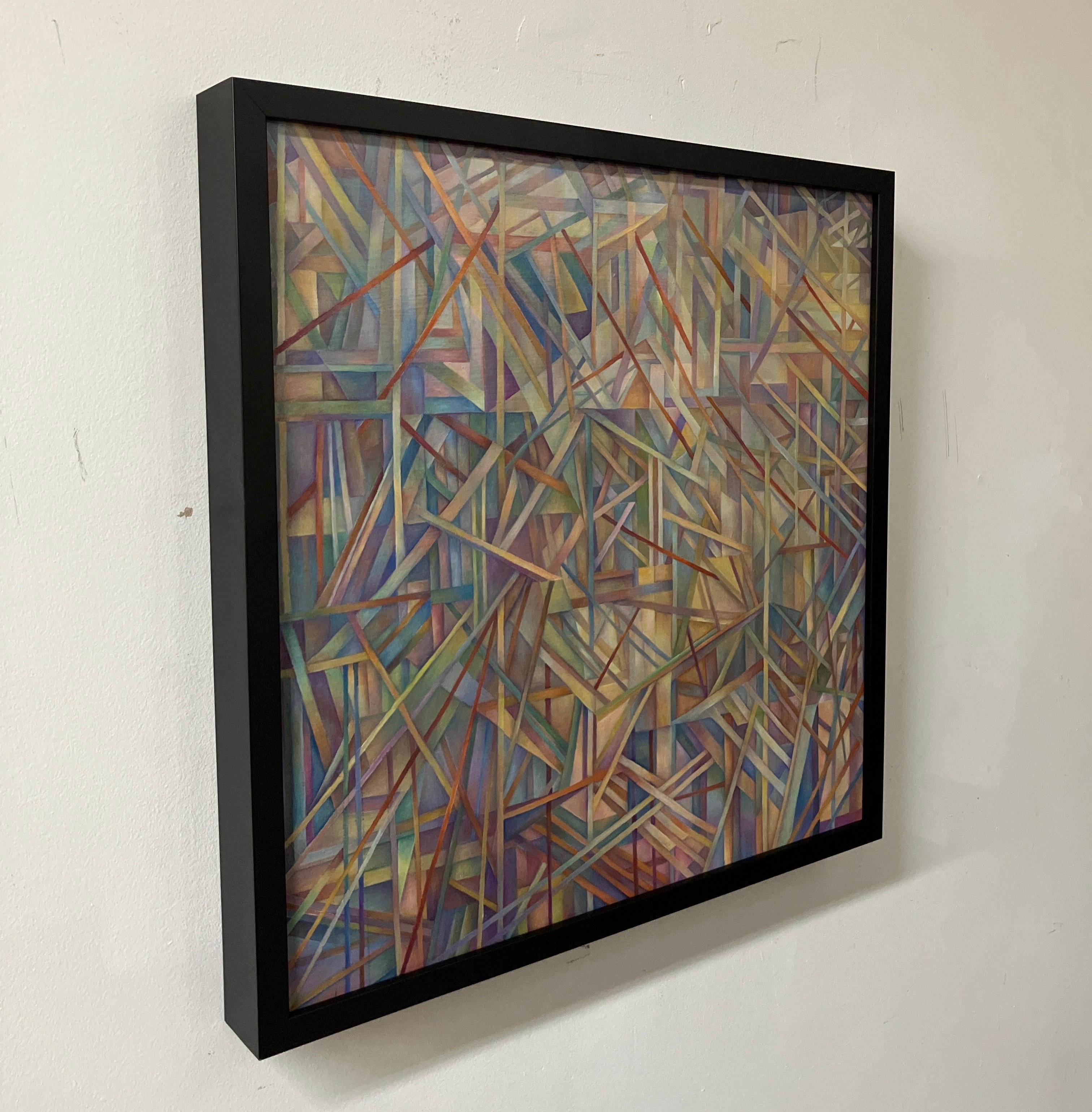 Peinture à l'huile géométrique contemporaine, encadrée, toile montée sur panneau - Contemporain Painting par Nancy Newman Rice
