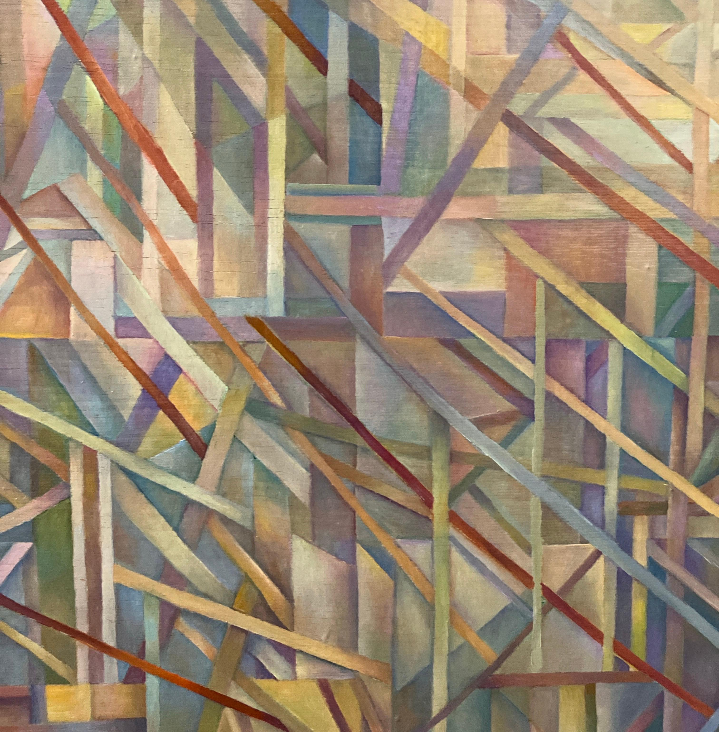 Peinture à l'huile géométrique contemporaine, encadrée, toile montée sur panneau - Marron Abstract Painting par Nancy Newman Rice