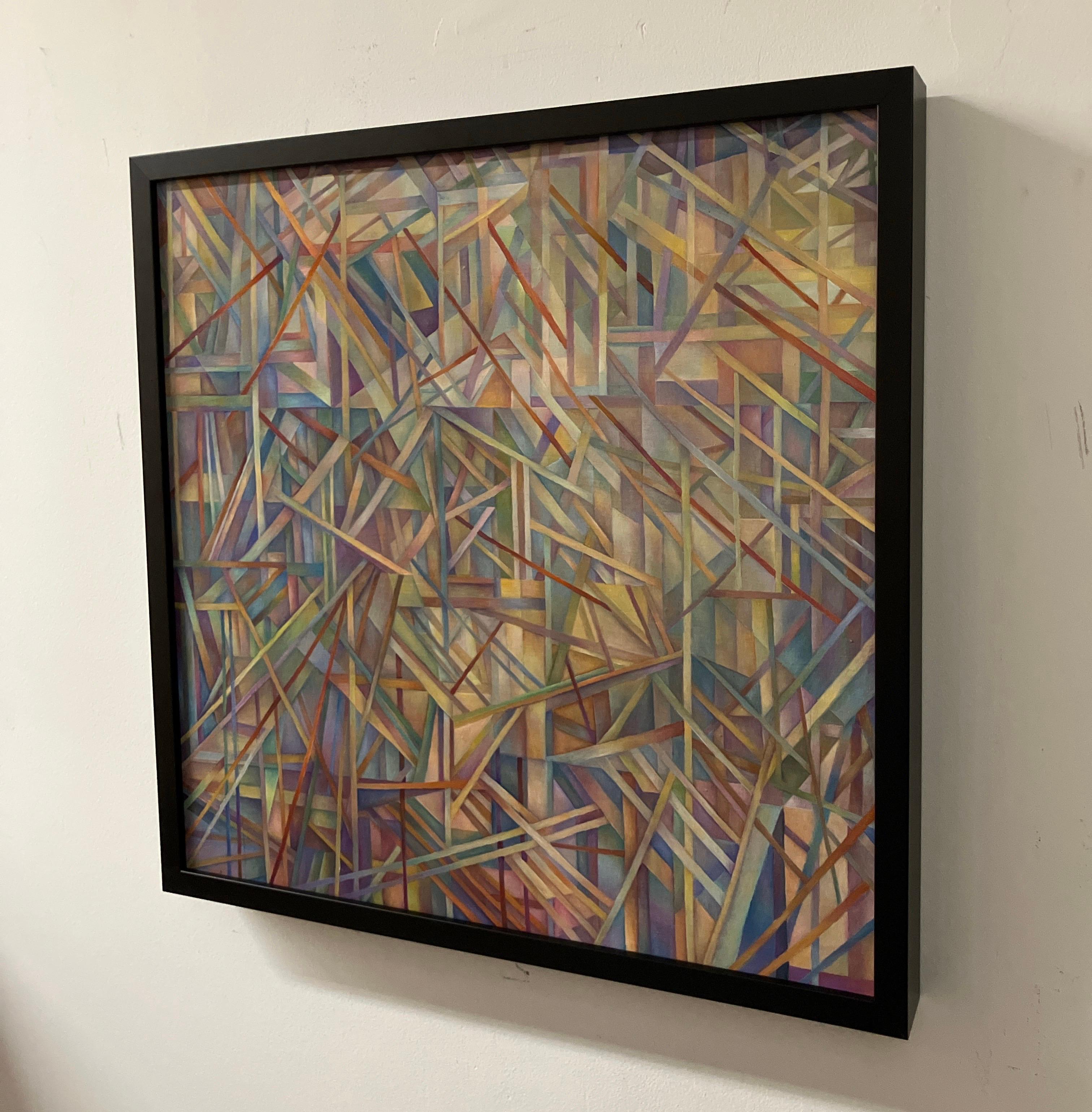 Peinture à l'huile géométrique contemporaine, encadrée, toile montée sur panneau en vente 1