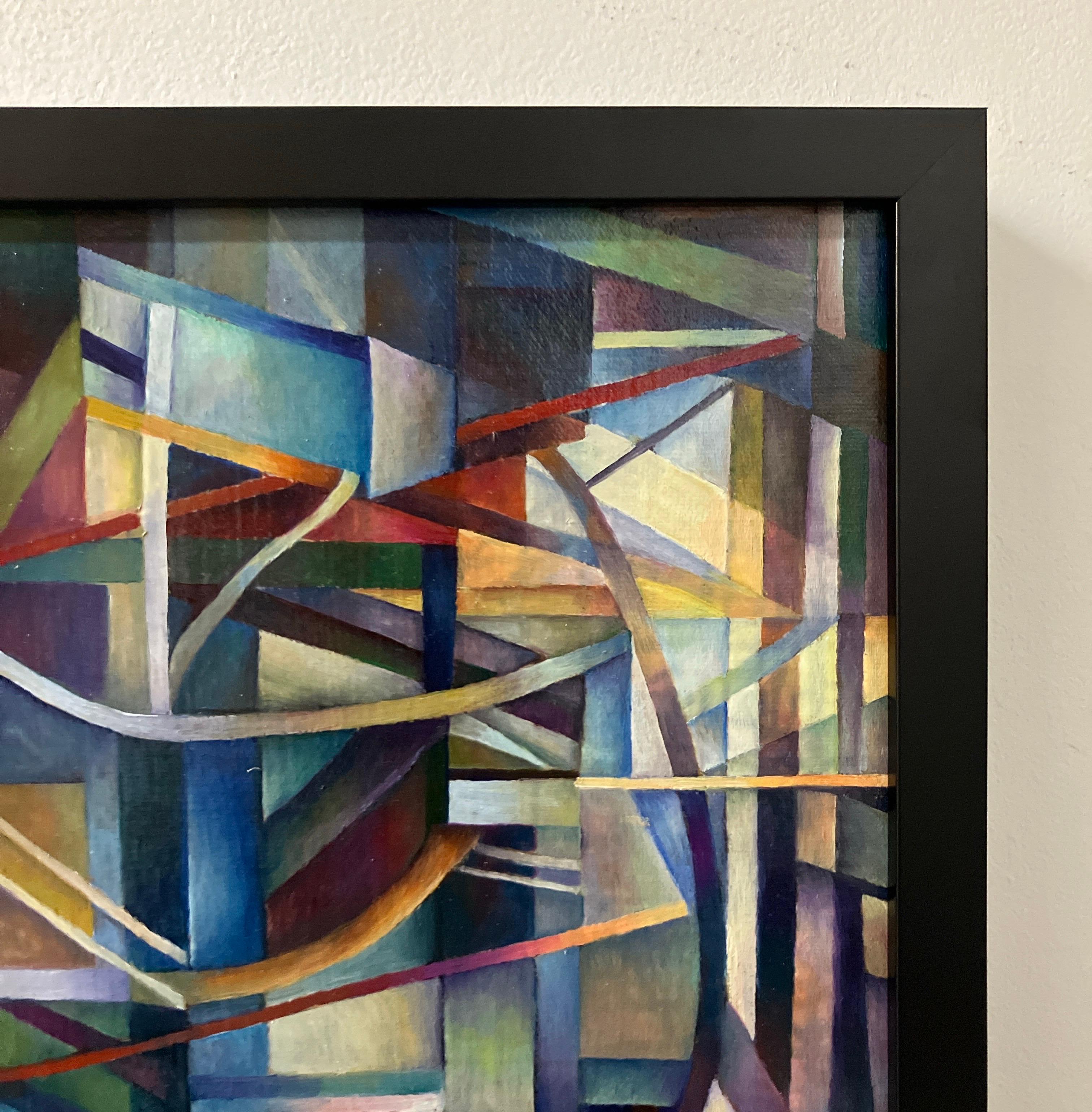 Peinture à l'huile contemporaine sur toile, montée sur panneau, encadrée, architecture - Noir Abstract Painting par Nancy Newman Rice