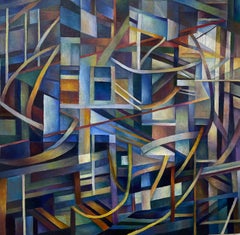 Peinture à l'huile contemporaine sur toile, montée sur panneau, encadrée, architecture