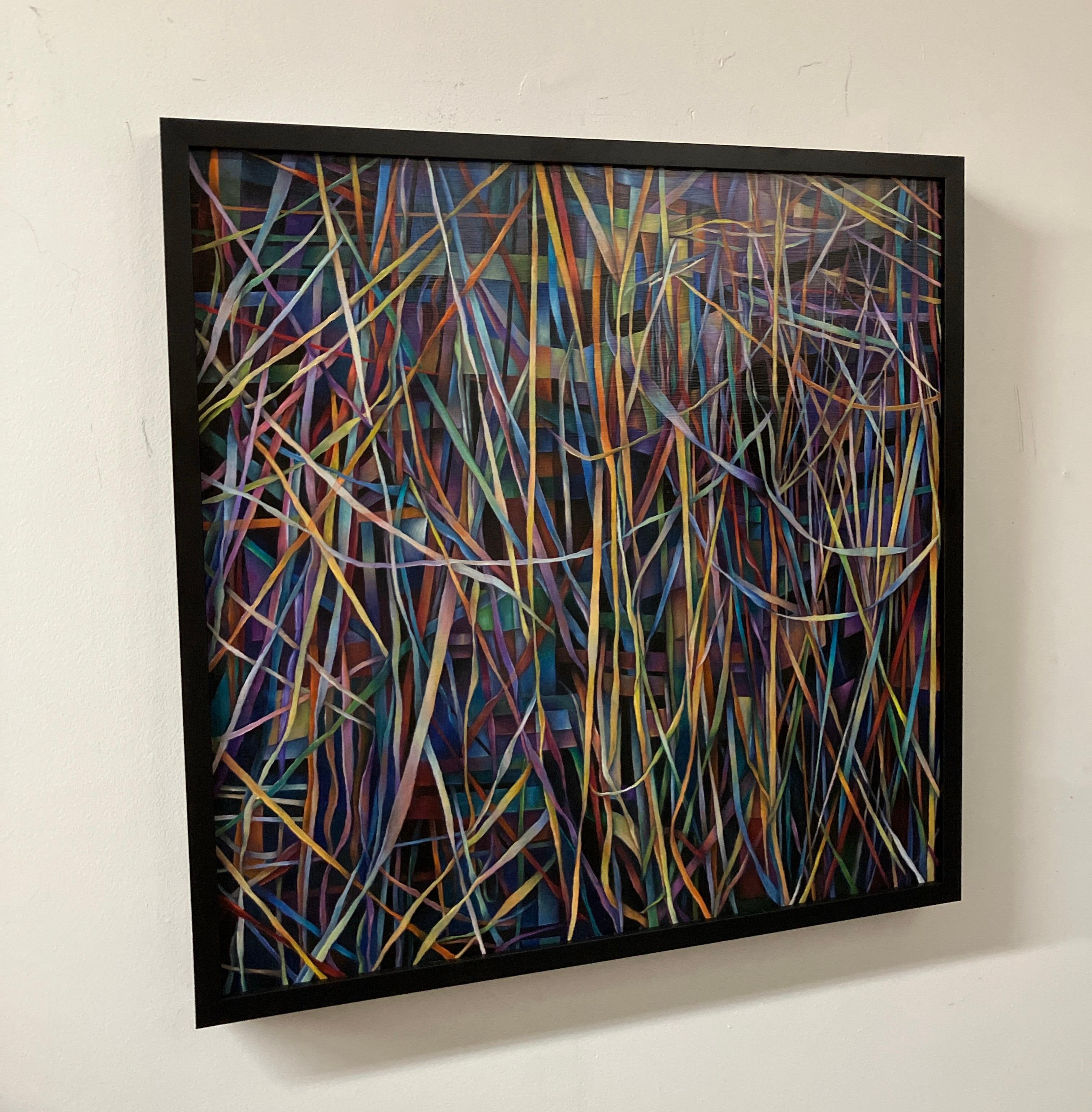 Contemporary Oil Painting on Canvas, Mounted on Panel, Framed, Geometric, Dark - Black Abstract Painting by Nancy Newman Rice