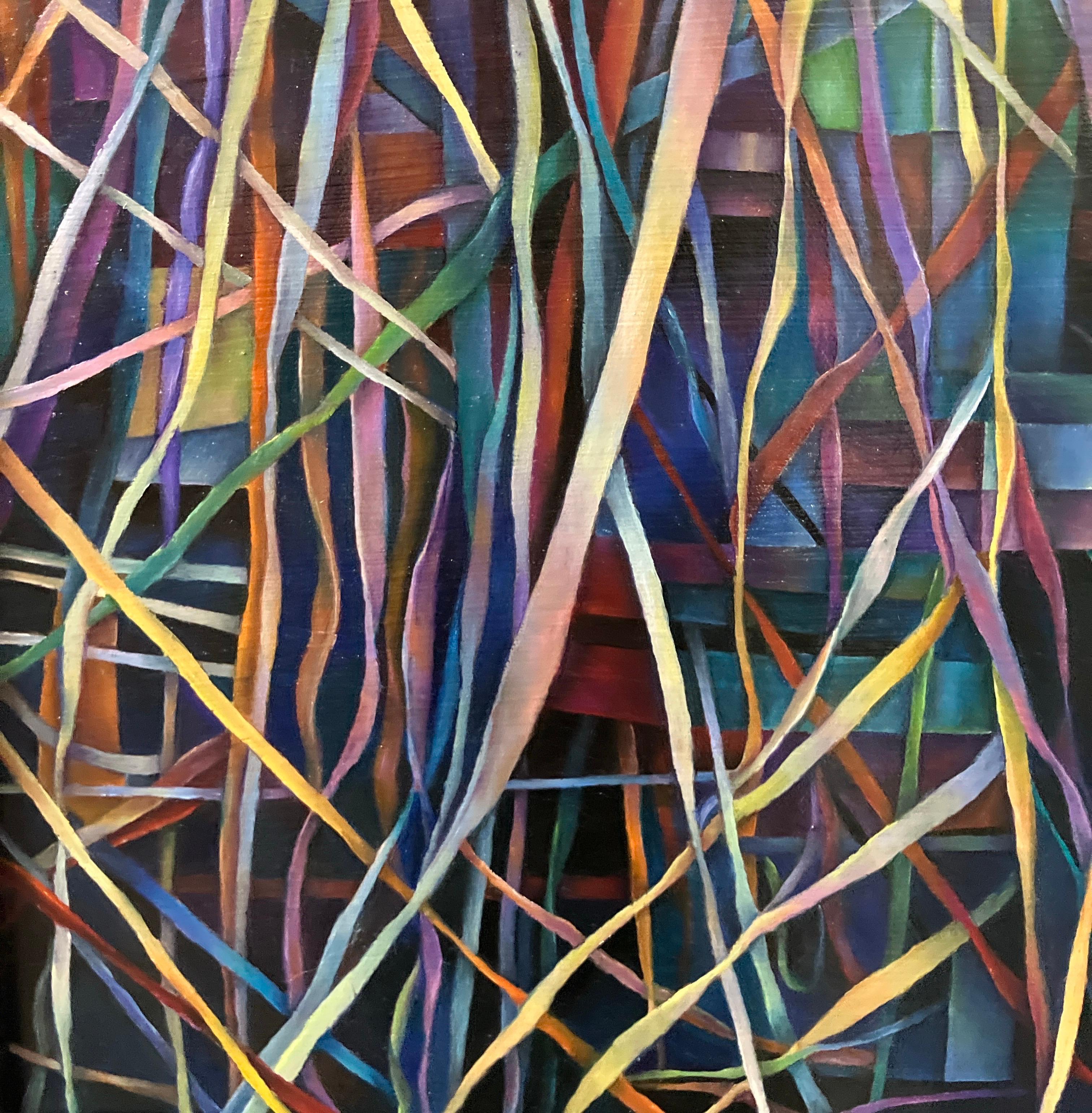 Contemporary Oil Painting on Canvas, Mounted on Panel, Framed, Geometric, Dark For Sale 1