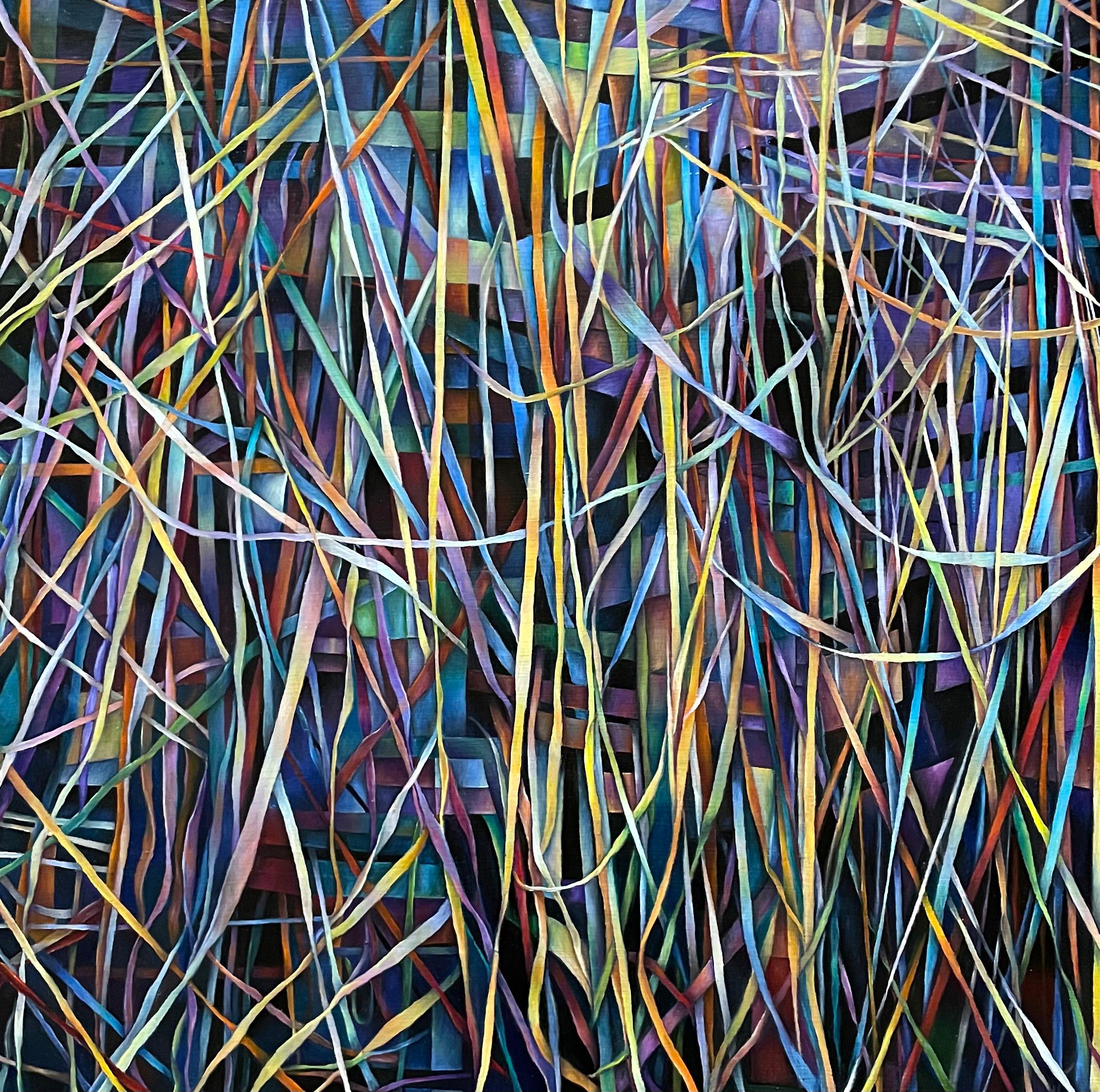 Contemporary Oil Painting on Canvas, Mounted on Panel, Framed, Geometric, Dark