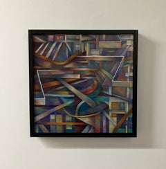 Pintura al óleo contemporánea sobre lienzo, montada en panel, enmarcada, geométrica