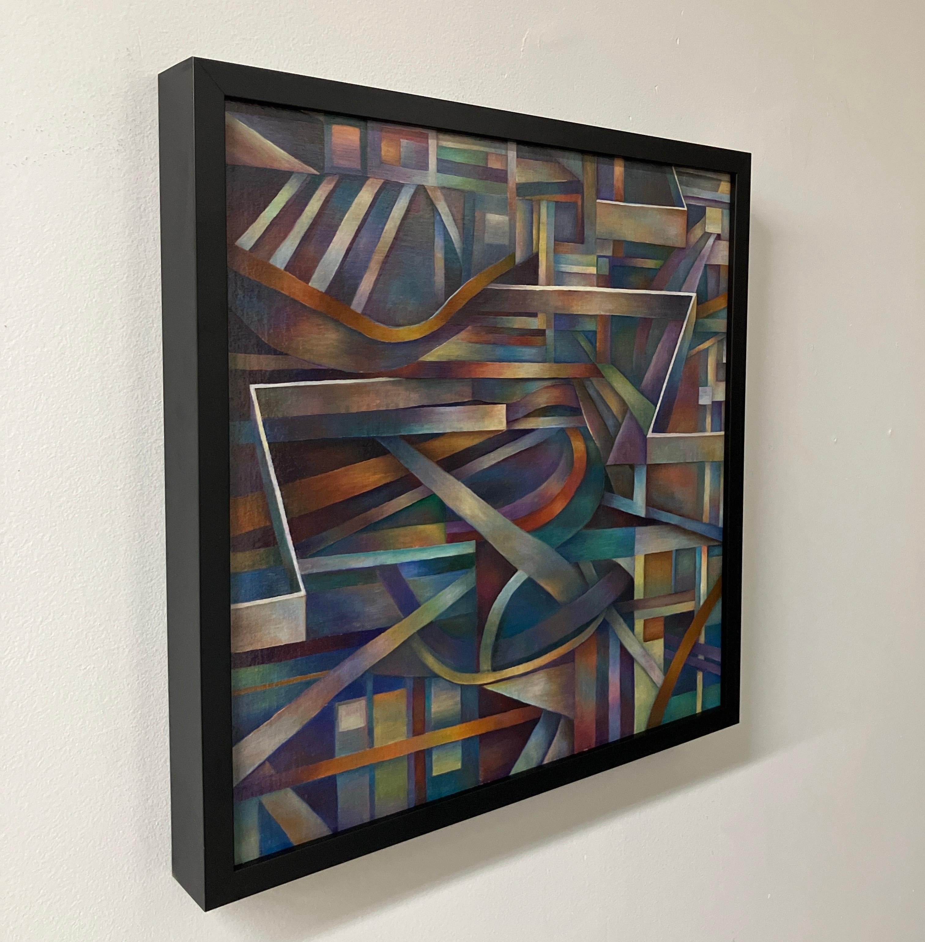 Peinture à l'huile contemporaine sur toile, montée sur panneau, encadrée, géométrique - Contemporain Painting par Nancy Newman Rice