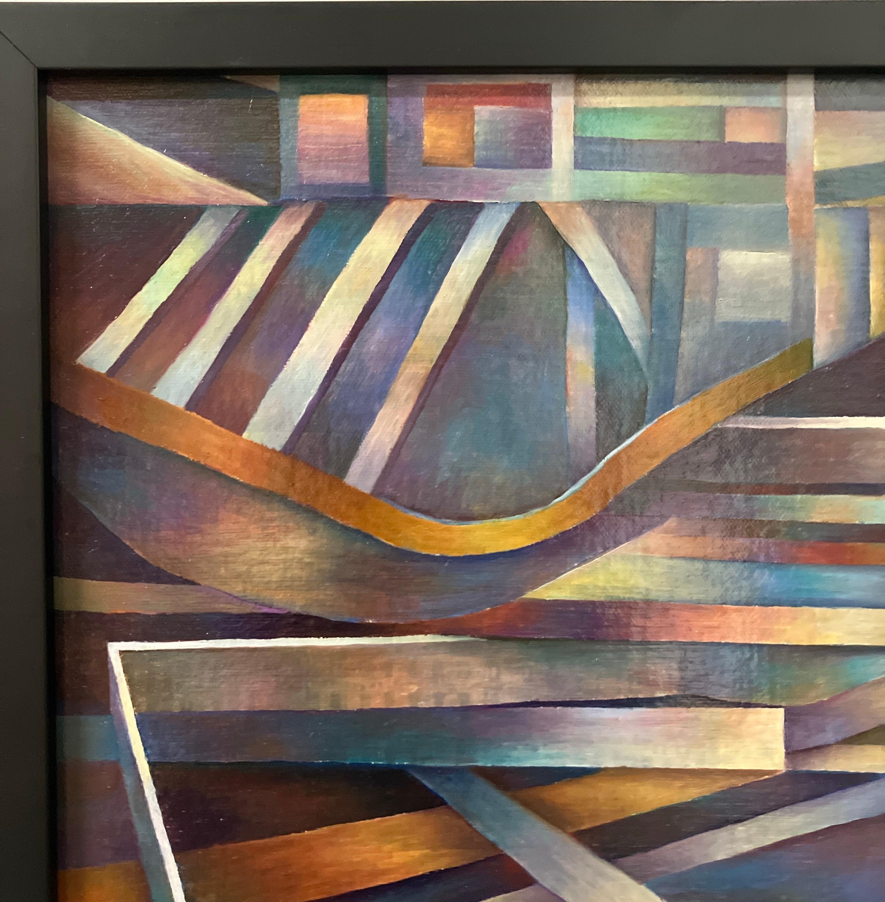 Peinture à l'huile contemporaine sur toile, montée sur panneau, encadrée, géométrique - Gris Abstract Painting par Nancy Newman Rice