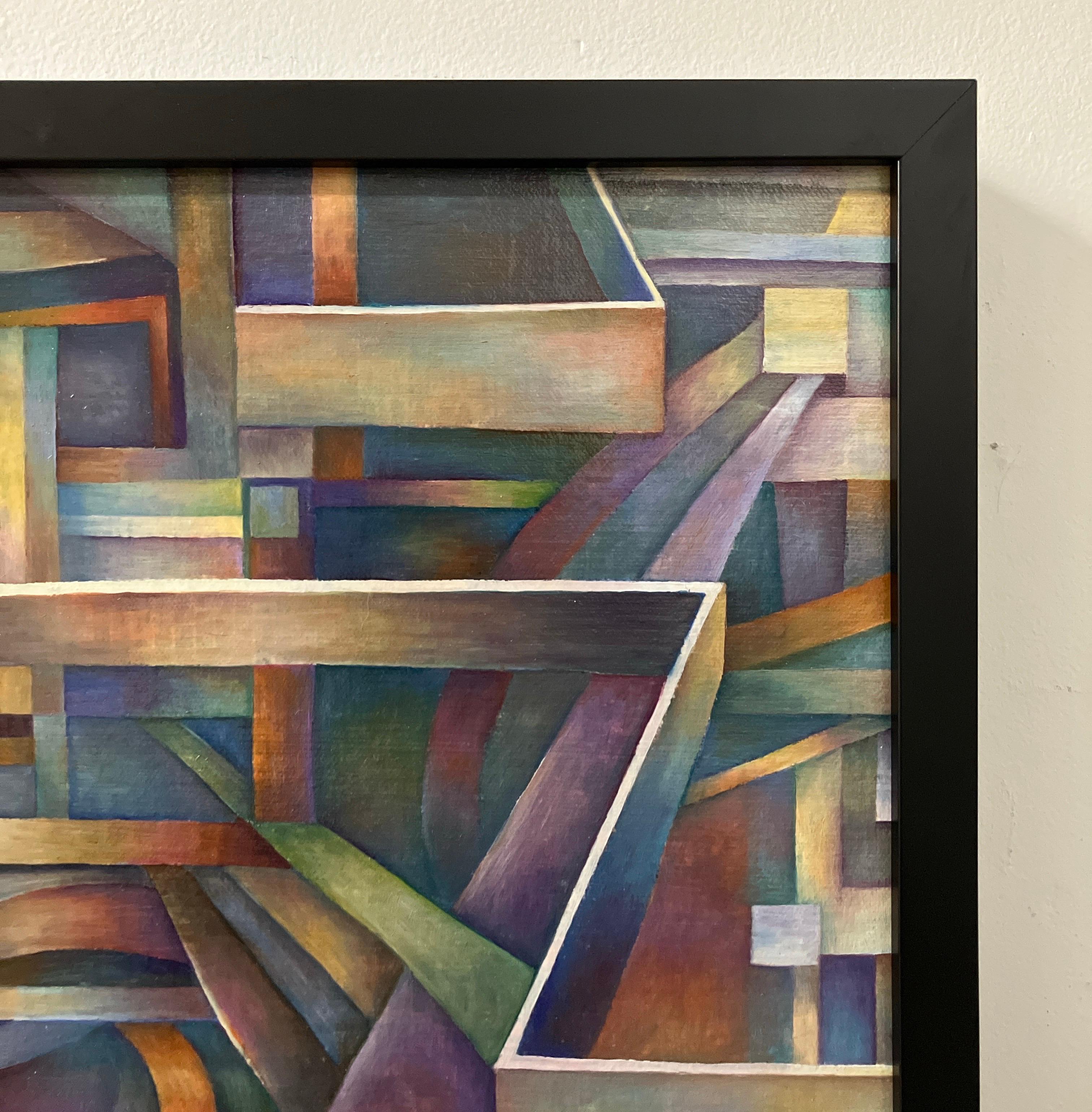 Peinture à l'huile contemporaine sur toile, montée sur panneau, encadrée, géométrique en vente 1