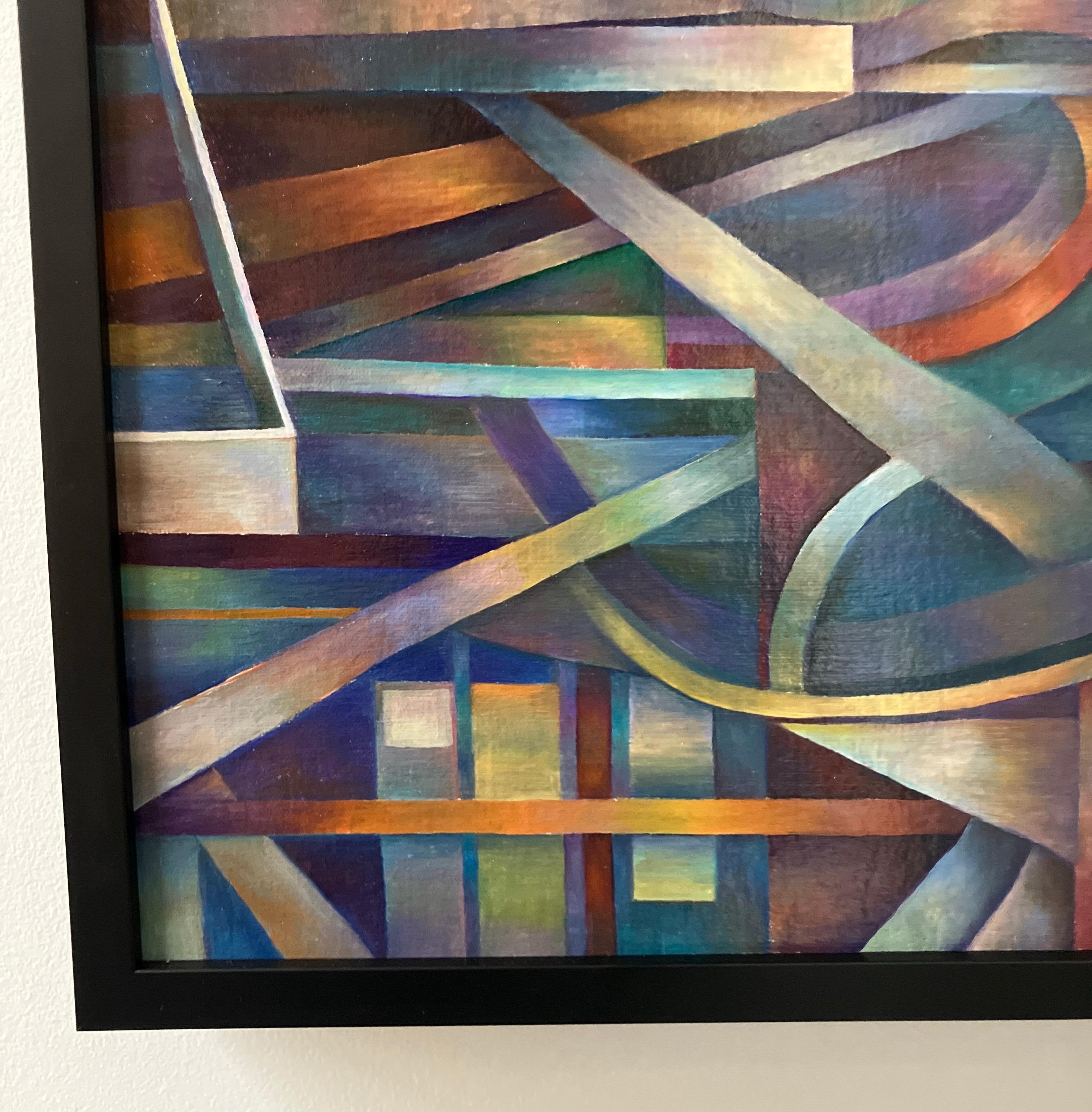 Peinture à l'huile contemporaine sur toile, montée sur panneau, encadrée, géométrique en vente 2