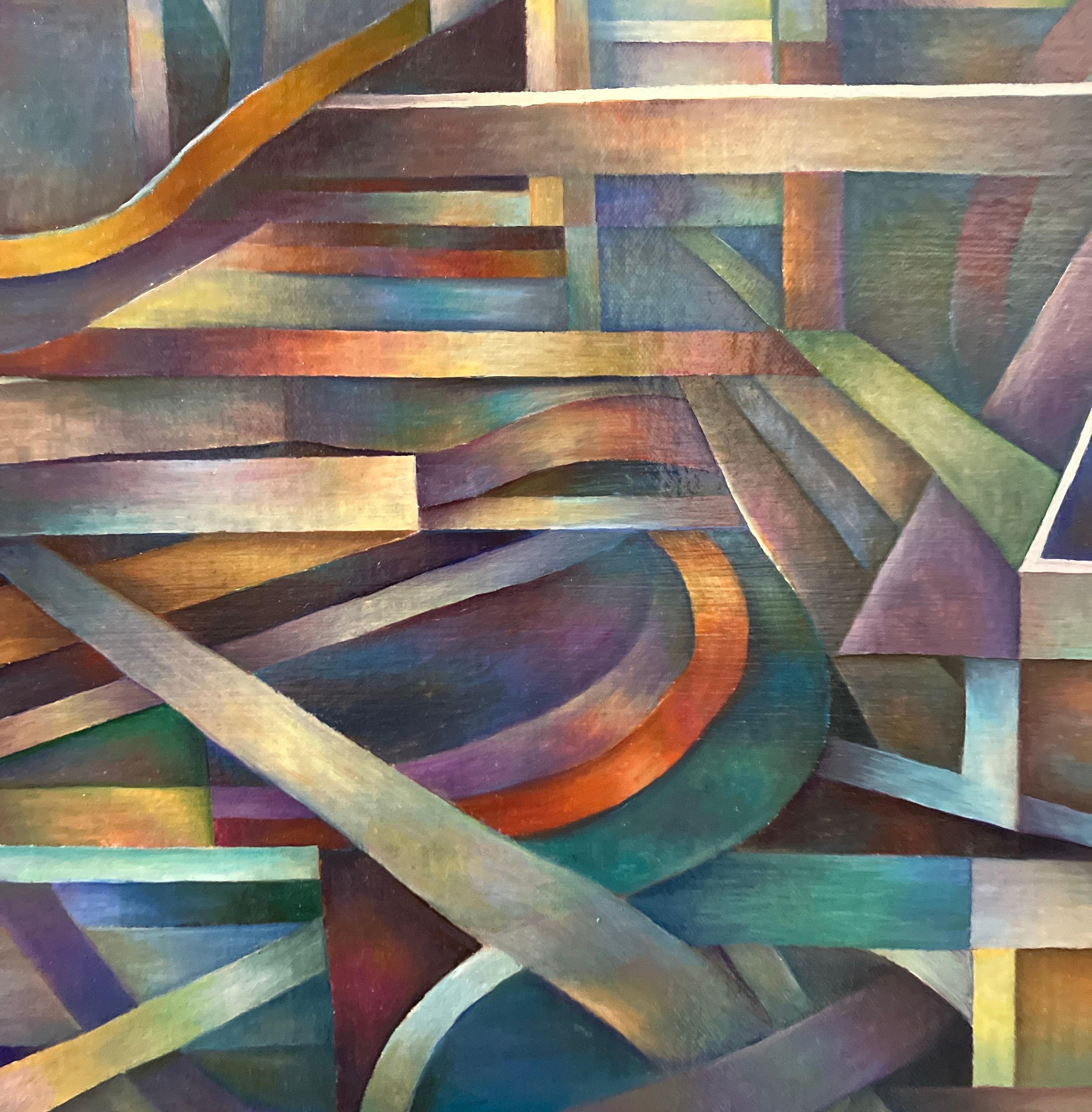 Peinture à l'huile contemporaine sur toile, montée sur panneau, encadrée, géométrique en vente 3