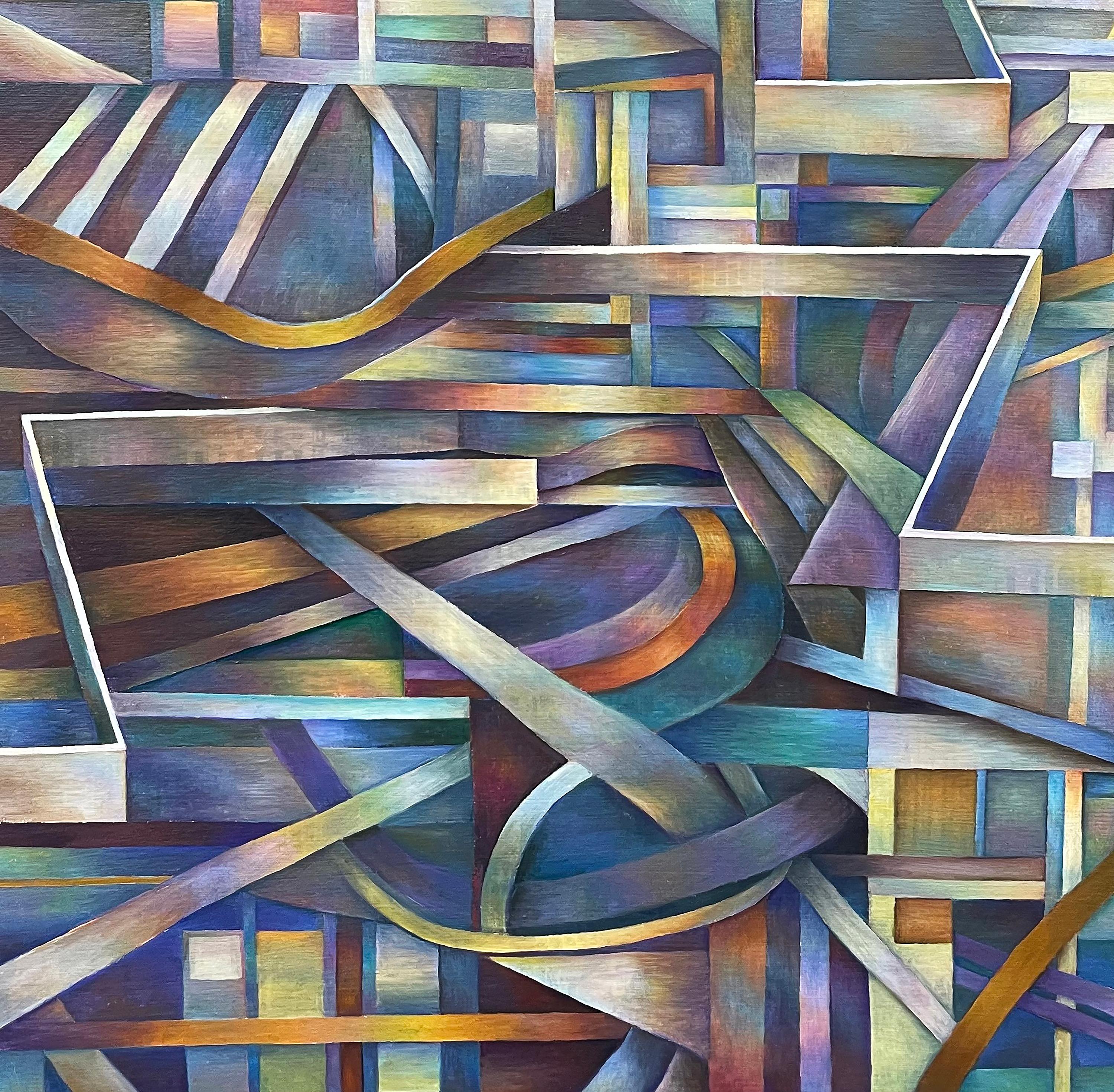 Abstract Painting Nancy Newman Rice - Peinture à l'huile contemporaine sur toile, montée sur panneau, encadrée, géométrique