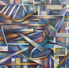 Peinture à l'huile contemporaine sur toile, montée sur panneau, encadrée, géométrique