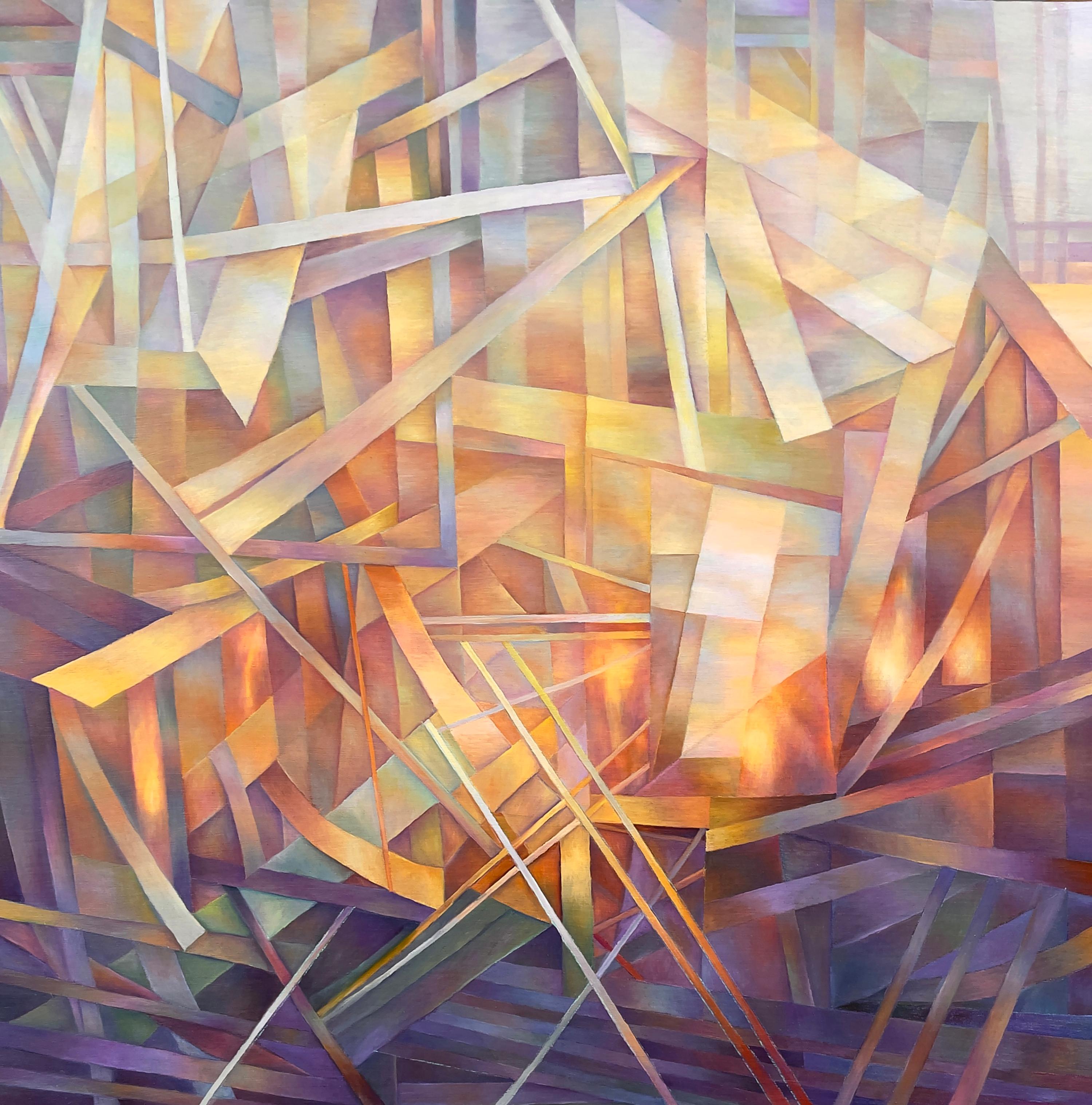 "Fire Remains", peinture abstraite à l'huile sur toile montée sur panneau de bois, encadrée