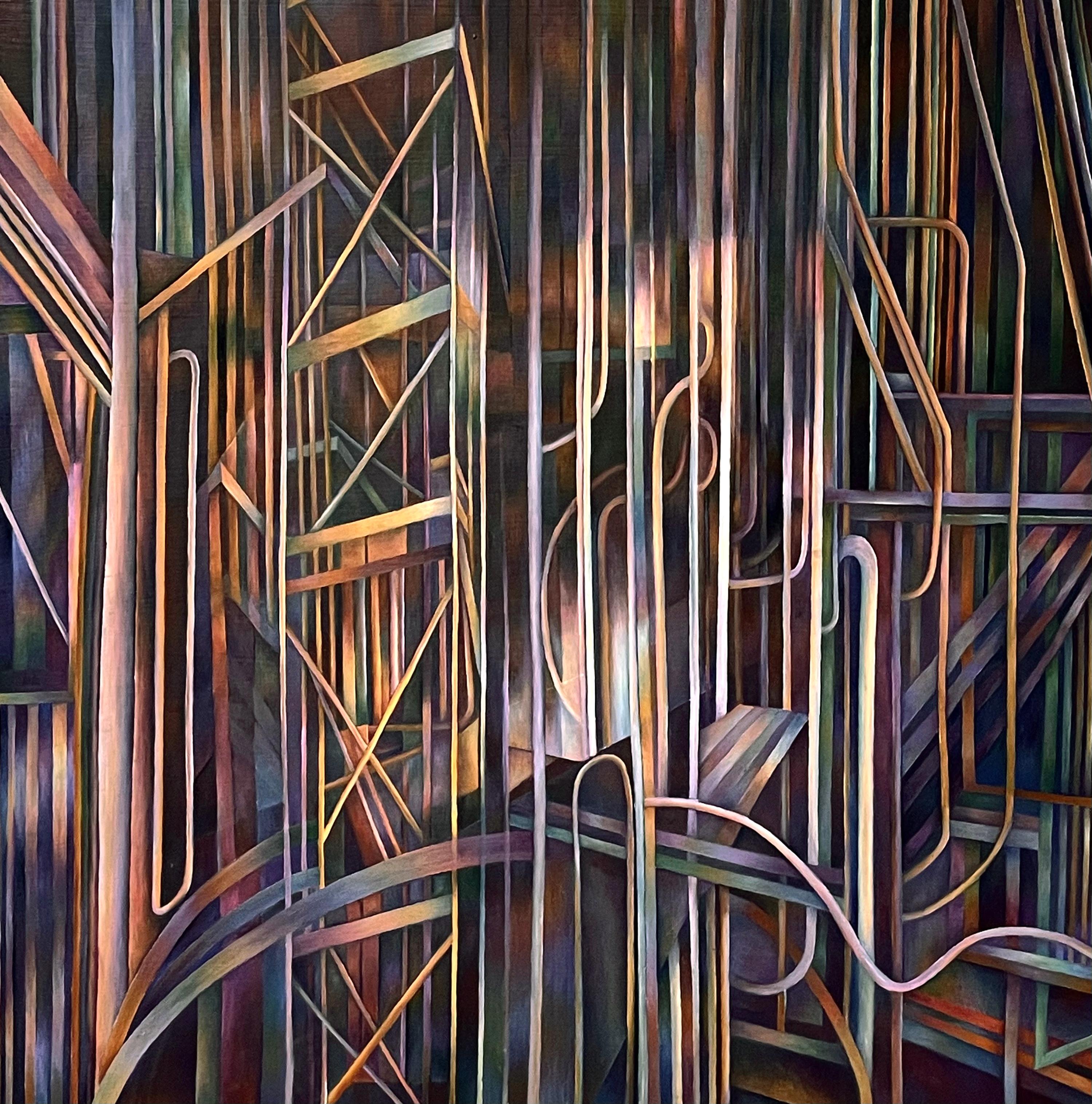 "Inside the Machine", peinture abstraite à l'huile sur toile montée sur panneau de bois.