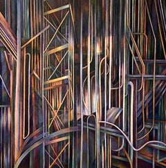 "Dentro de la máquina", pintura abstracta al óleo sobre lienzo montada en panel de madera