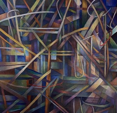 "Deux anneaux rouges", peinture à l'huile contemporaine, toile sur panneau, abstrait, géométrie