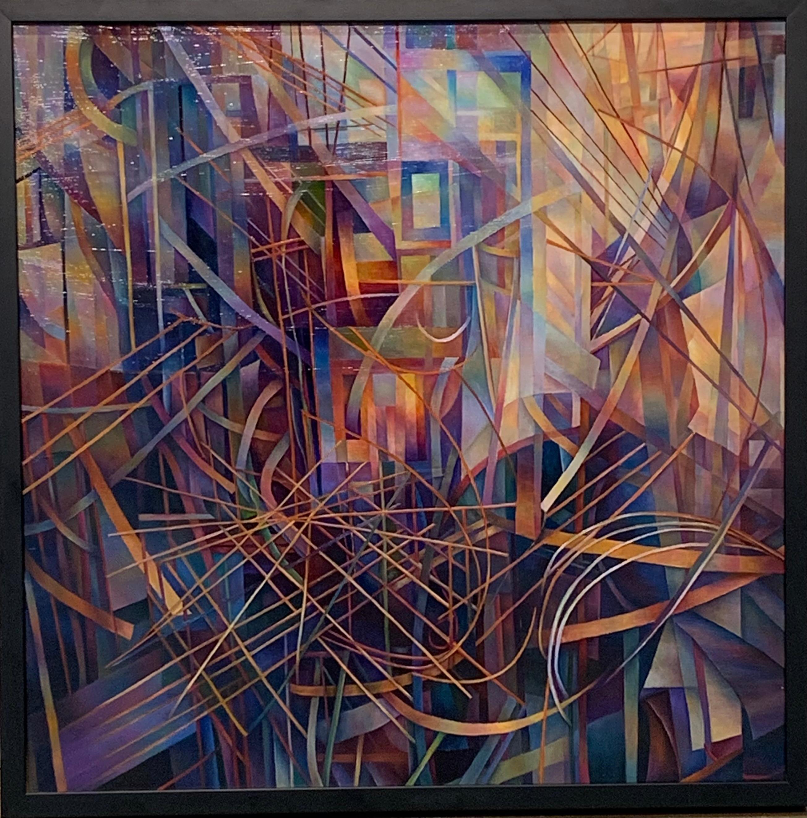 Abstract Painting di Nancy Newman Rice - "Windows 02", pittura a olio astratta su tela montata su pannello, incorniciata