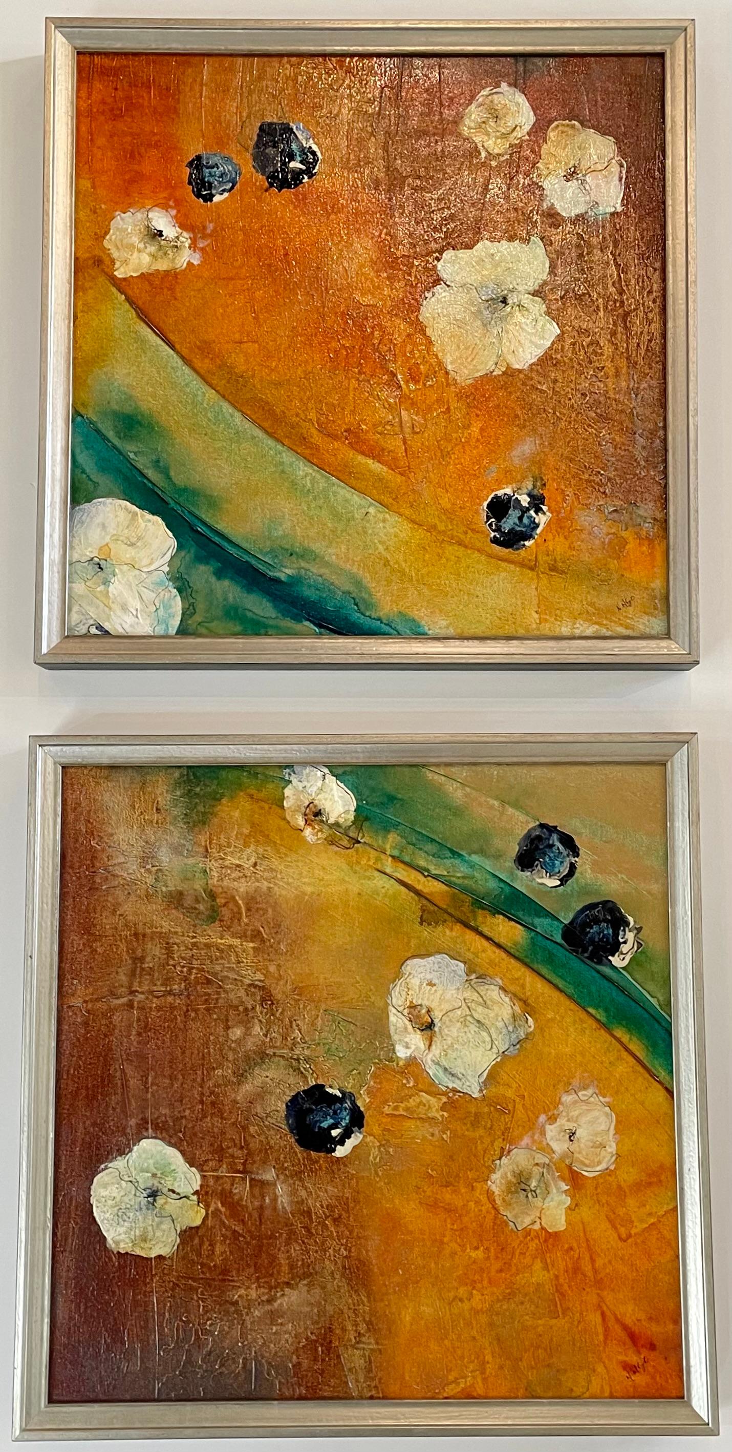 Nancy Ngo Abstract Painting - "Floating Flowers I & II" - Highly Textured, Abstract Florals on Canvas