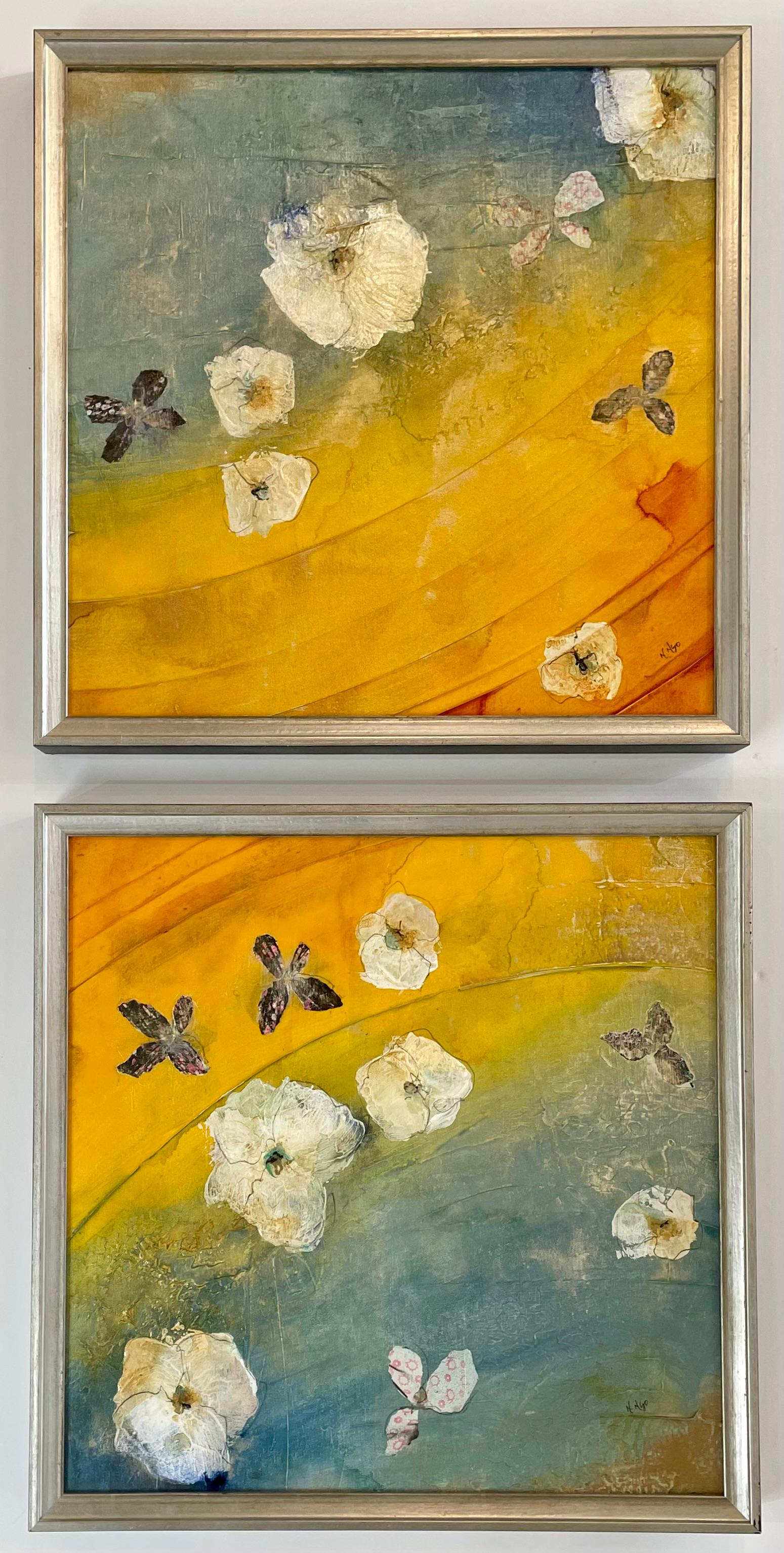 Nancy Ngo Abstract Painting - "Floating Flowers III & IV" - Highly Textured, Abstract Florals on Canvas