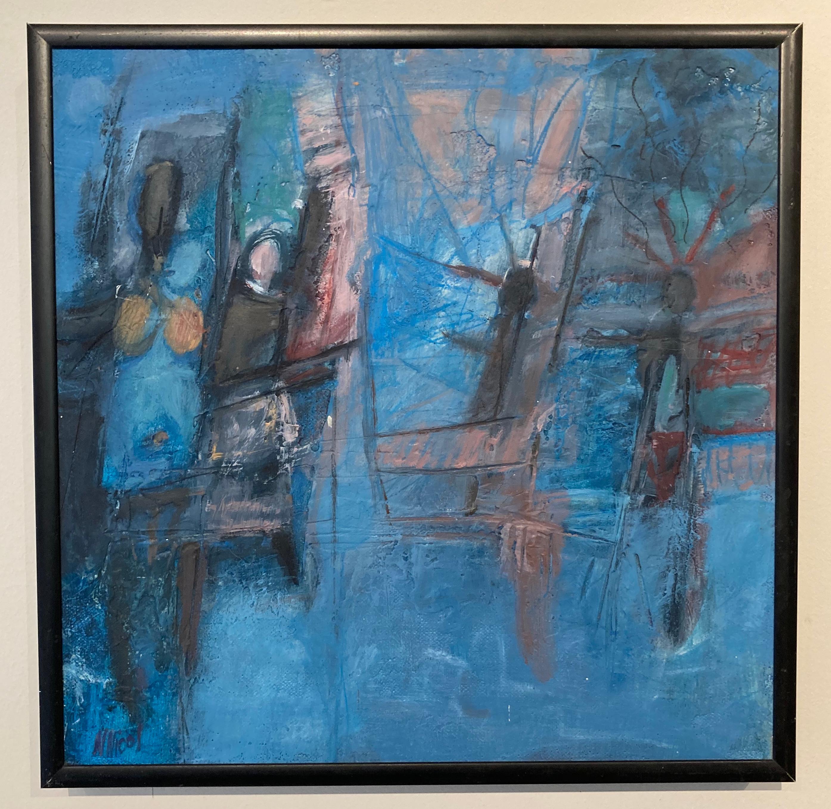 Cette huile sur toile encadrée de 14" x 14" sans titre de l'artiste Nancy Nicol présente des lignes et des formes dynamiques dans des tons vibrants de bleu, de noir et de mauve. L'utilisation de l'abstraction par l'artiste possède de manière unique