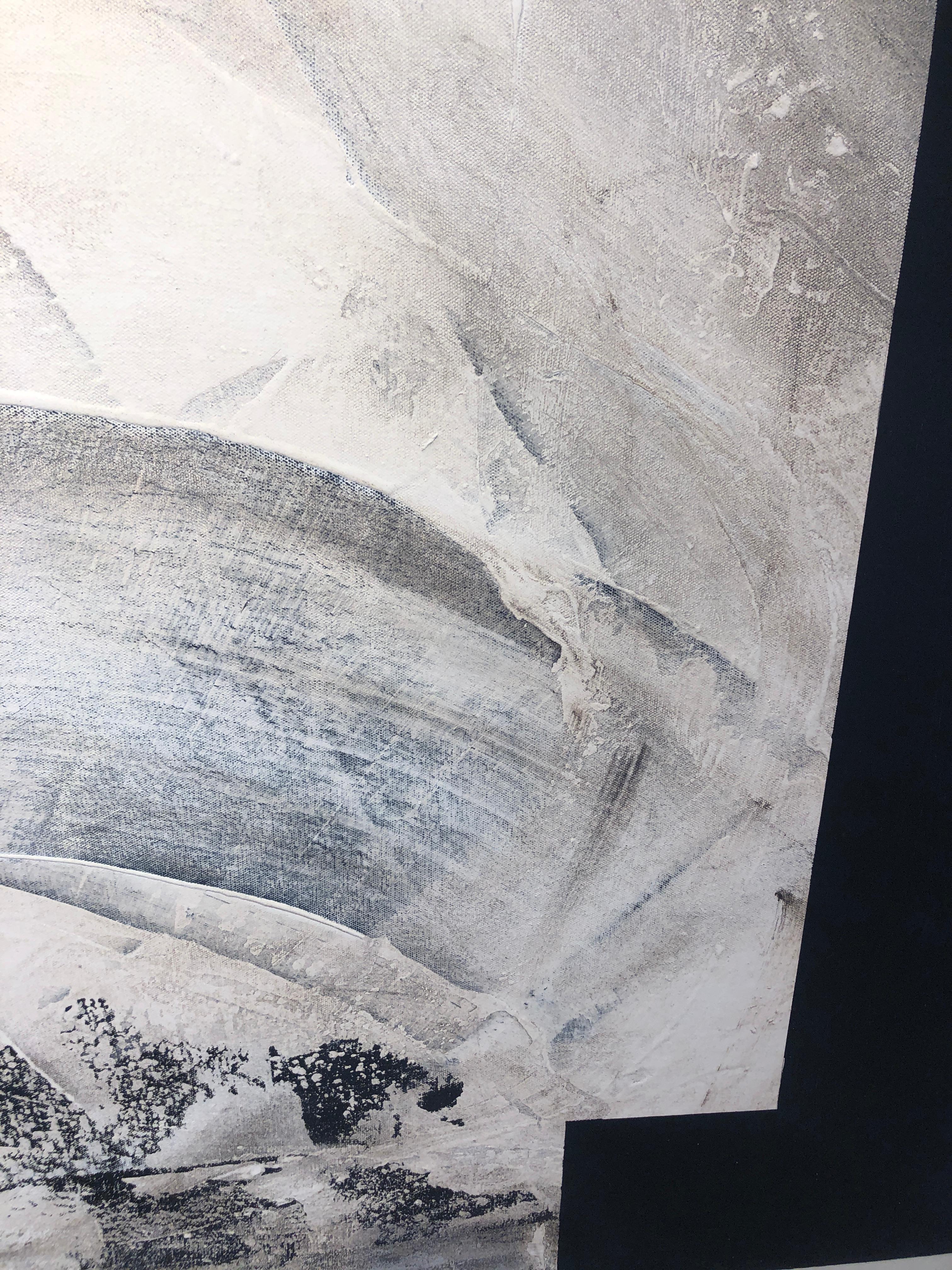 Breaking Out is a 2021 contemporary abstract acrylic on canvas painting by Nancy Pantirer. It features only two colors: white and black but emphasizes the world in between. This piece exemplifies negative space. The black border represents the void